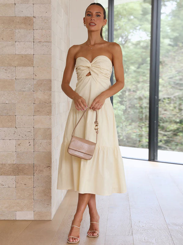 Summer Midi Dress Pink Strapless Cut Out Beach Dress