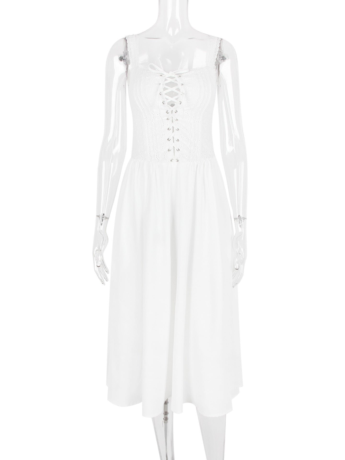White Corset Dress Cutout Wide Strap Lace Trim Backless Party Midi Dresses