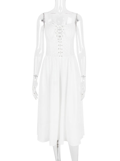 White Corset Dress Cutout Wide Strap Lace Trim Backless Party Midi Dresses