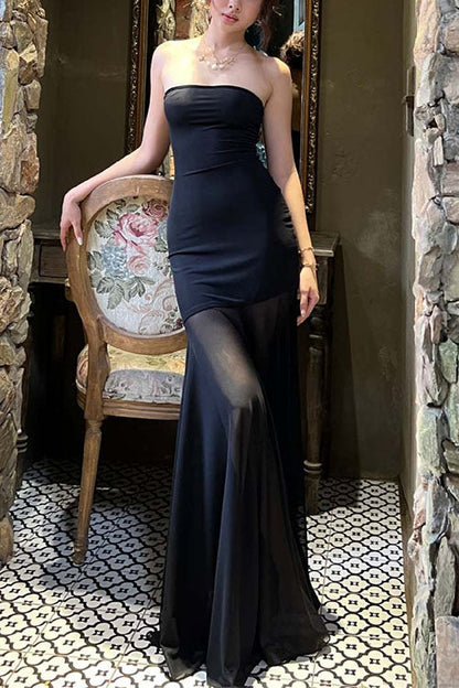 Strapless Mesh Splice Bodycon Maxi Dress