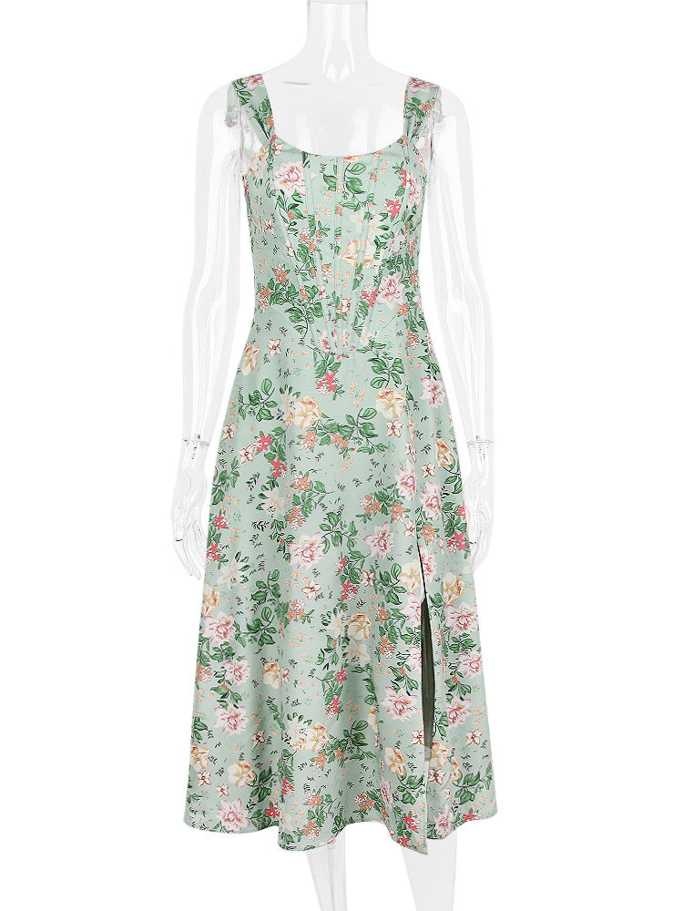 Corset Dress Floral Wide Strap Backless Lace Up Slit Sexy Party Midi Dresses