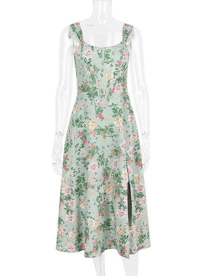 Corset Dress Floral Wide Strap Backless Lace Up Slit Sexy Party Midi Dresses