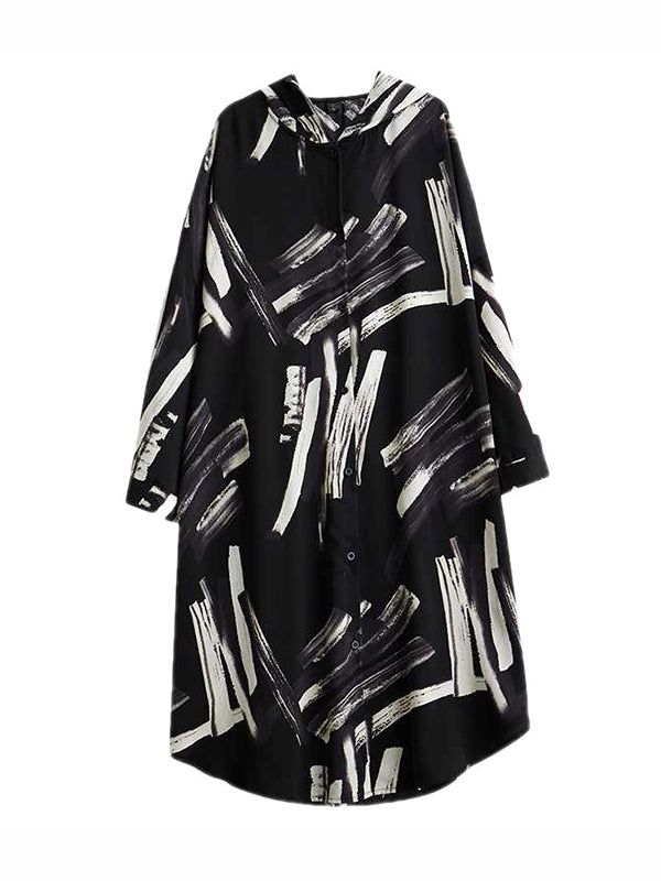 Long Sleeves Loose Buttoned Hooded Printed Midi Dresses Outerwear