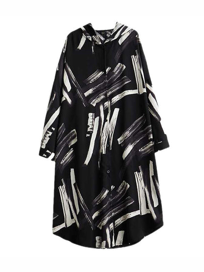 Long Sleeves Loose Buttoned Hooded Printed Midi Dresses Outerwear