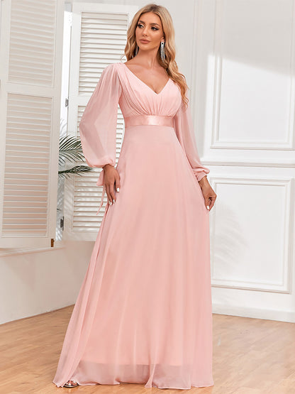 Cocktail Dress Lantern Sleeves V-Neck Backless Pleated Maxi Dresses