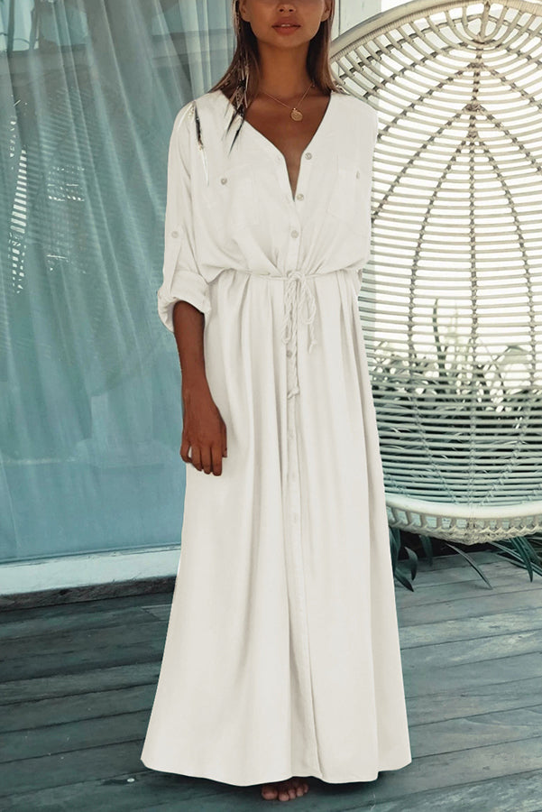Cotton Blend Waist Tie Button Maxi Dress