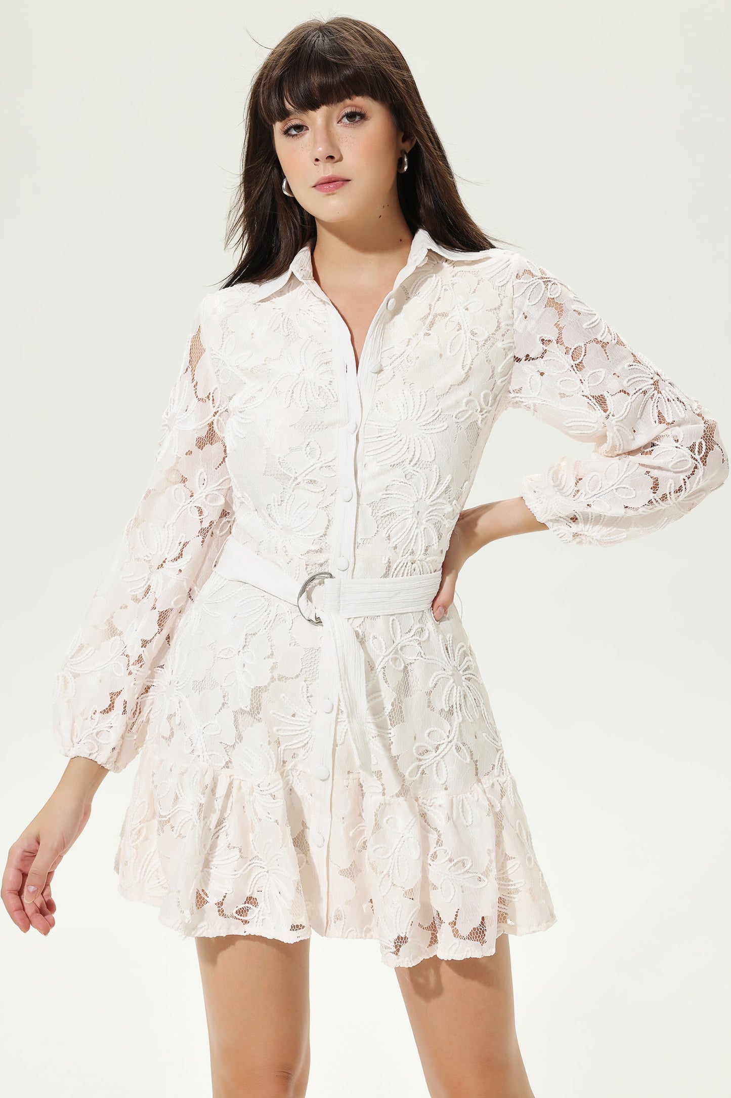Long Sleeve V-Neck Belted Cut-Out Mini Dress White