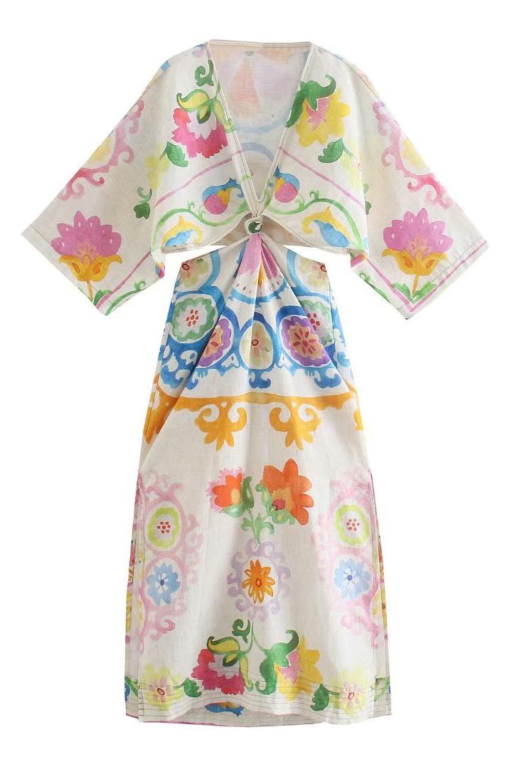Floral Cut-Out Mid Sleeve Midi Dress
