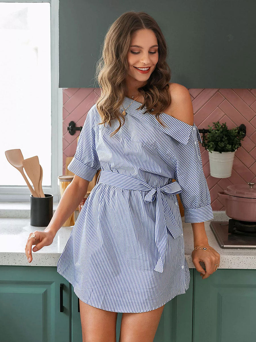 Shirt Dress Baby Blue One-Shoulder Lace Up Half Sleeves Stripes Mini Dresses