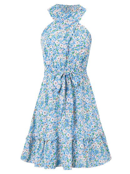 Ariana Halter Floral Mini Dress - Blue
