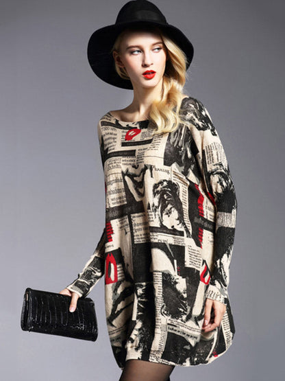 Urban Loose One-Shoulder Printed Split-Joint Sweater