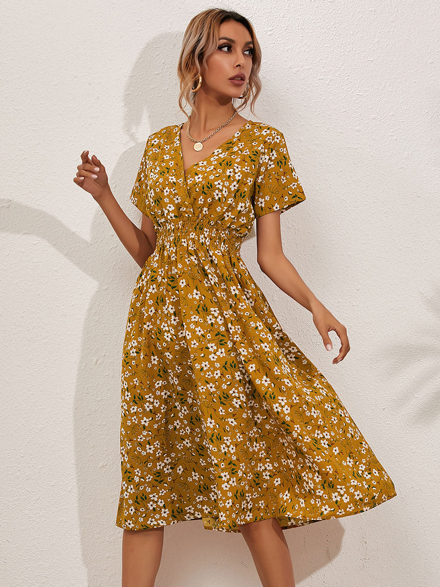 Midi Dress V-Neck Short Sleeves Floral Printed   Chic Summer Dress