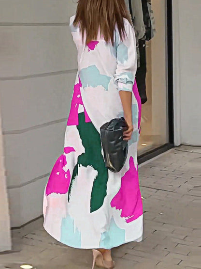 Loose Wrap Buttoned Contrast Color Pockets Printed Split-Side Shirt Dress