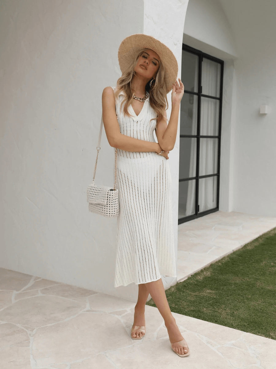 BENDITA PERFORATED KNIT COLLARED MIDI DRESS - CREAM