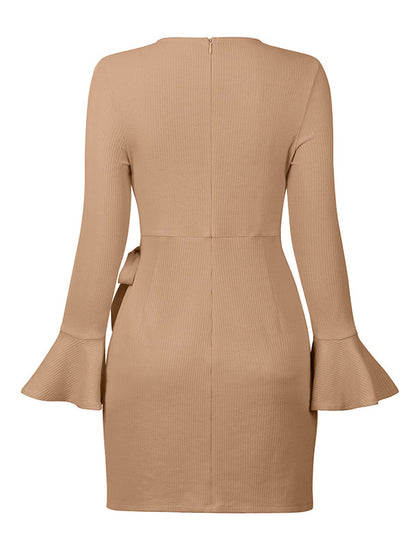 Simple Long Sleeves Skinny Tied Falbala Solid Color Round-Neck Mini Dresses