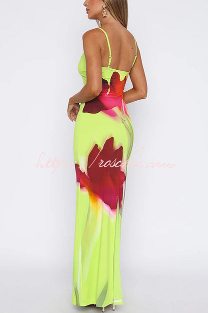 Botanical Floral Print Suspender Backless Slim Fit Slit Holiday Maxi Dress