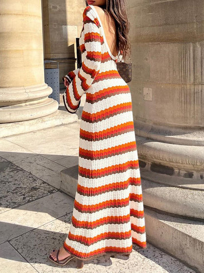 Long Sleeves Loose Backless Split-Joint Striped Round-Neck Maxi Dresses Sweater Dresses