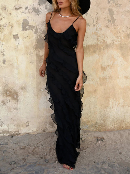 Ruffle Backless And Slit V-neck Suspenders Maxi Dresses