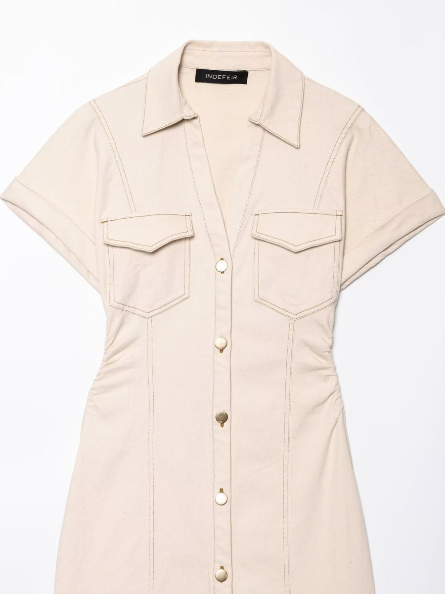 V-neck Short Sleeve Waist Hip-hugging Button Slit Commuting Temperament Maxi Dresses