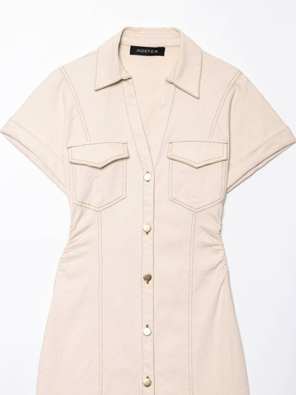 V-neck Short Sleeve Waist Hip-hugging Button Slit Commuting Temperament Maxi Dresses