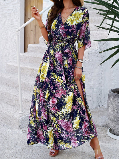 Printed Straps V-neck Short Sleeve Slit Maxi Dresses