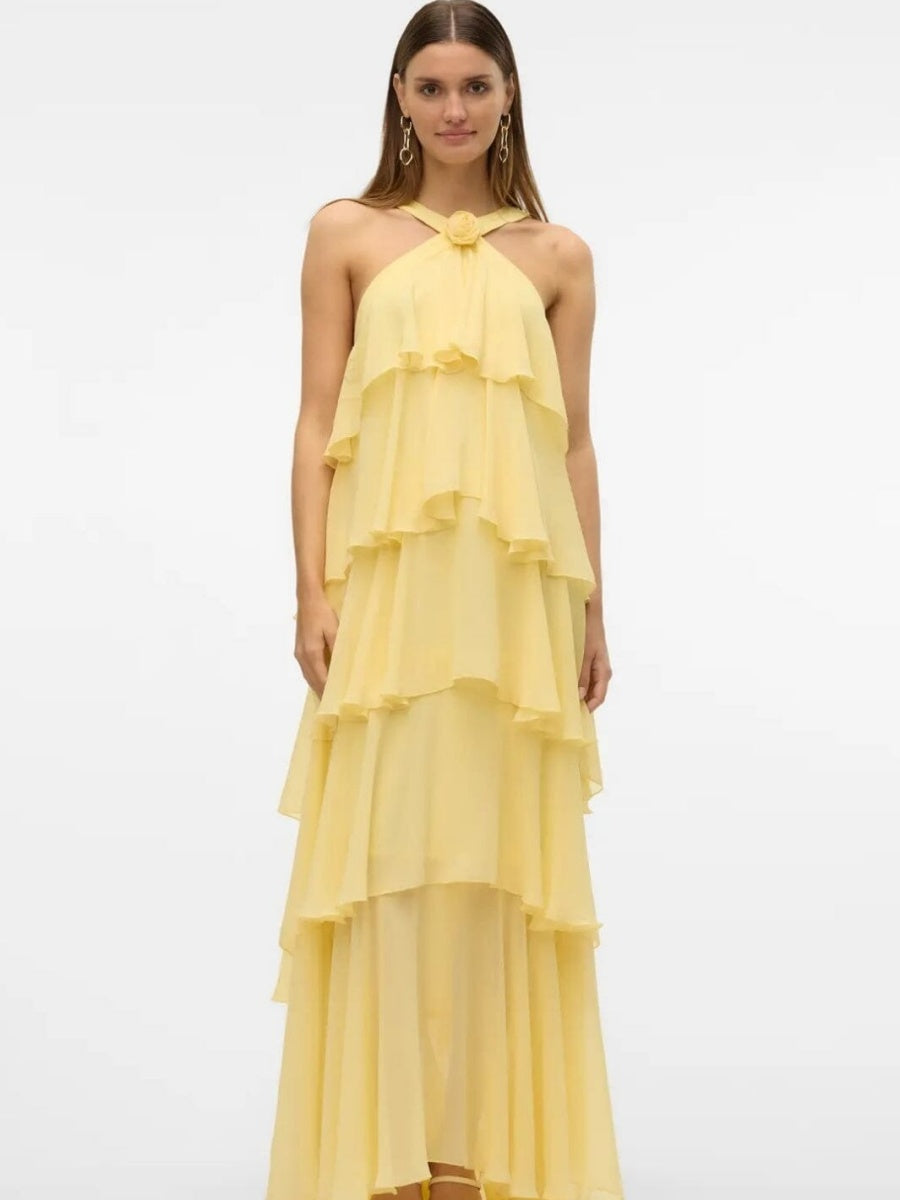 Halter Backless Cake Skirt Pink Yellow Maxi Dress