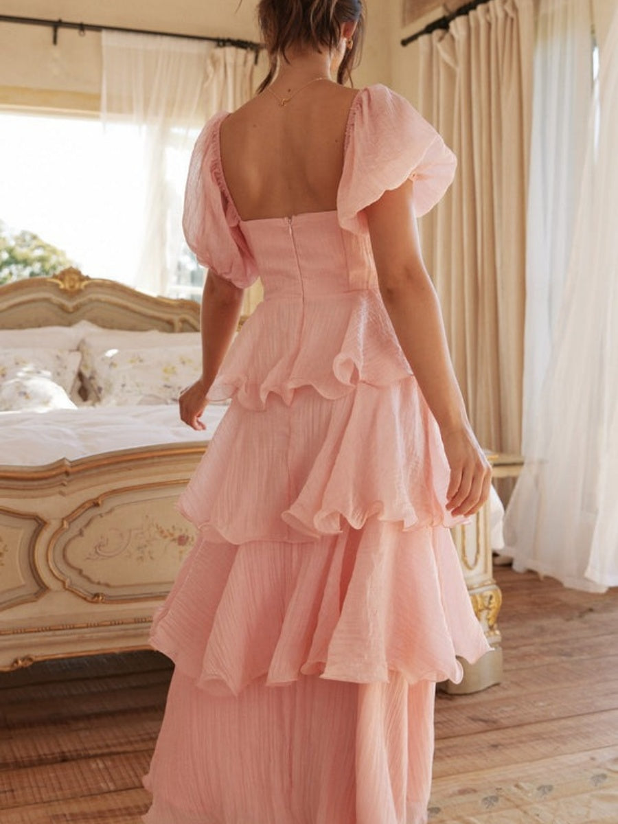 Square Collar Puff Sleeve Cake Skirt Vacation Parties Maxi Dresses