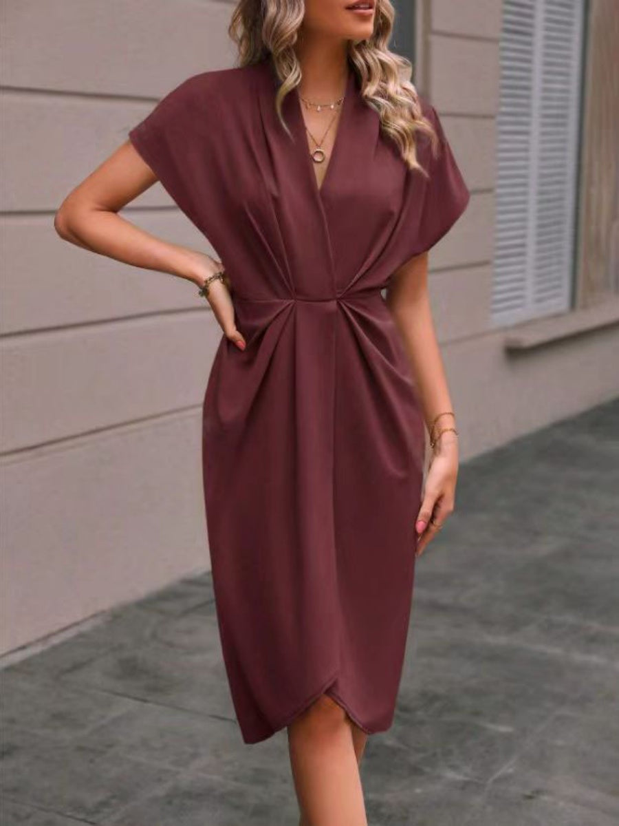 V-neck Solid Color Sleeveless Pleated Mini&Short Dresses