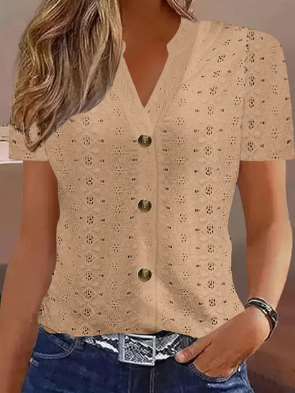 Knitting Buttons V-neck Short Sleeve T-shirts