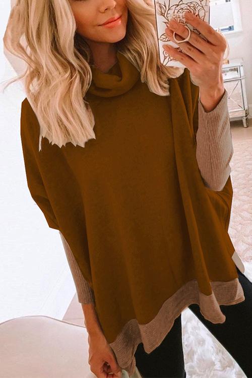Margovil Cowl Neck Color Block Side Split Loose Pullover