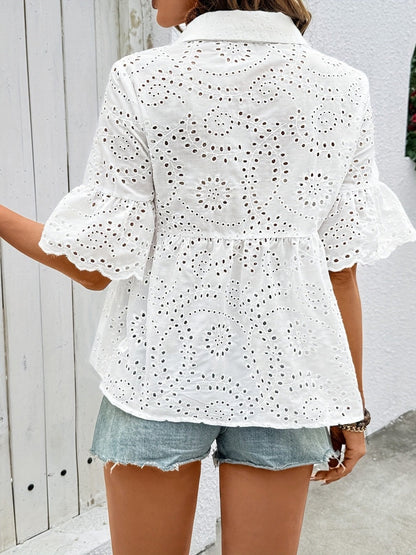 Women's Short-sleeved Shirt With Lapel And Openwork Embroidery