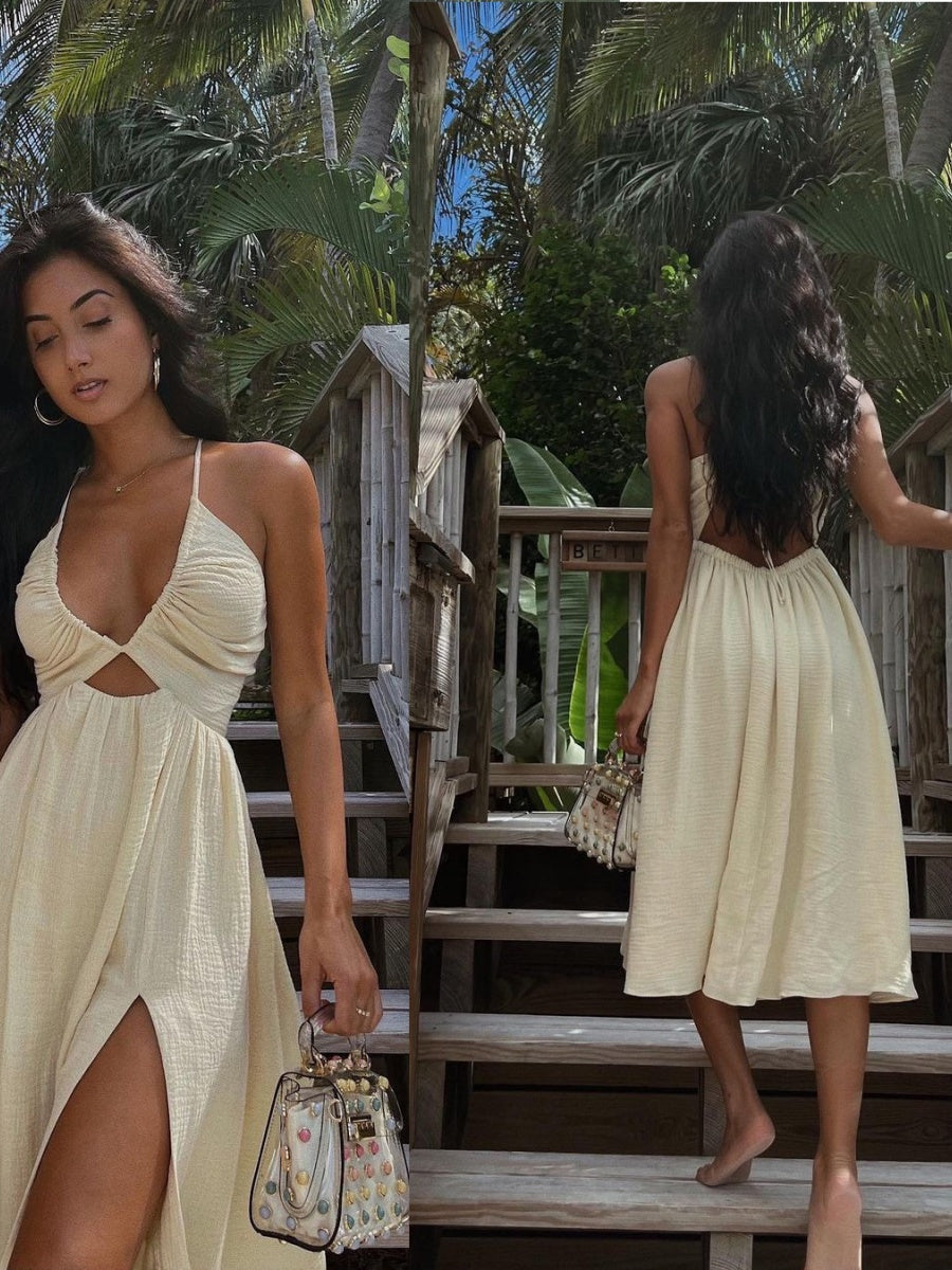 Thin Strap Hollow Slit V-neck Vacation Maxi Dresses