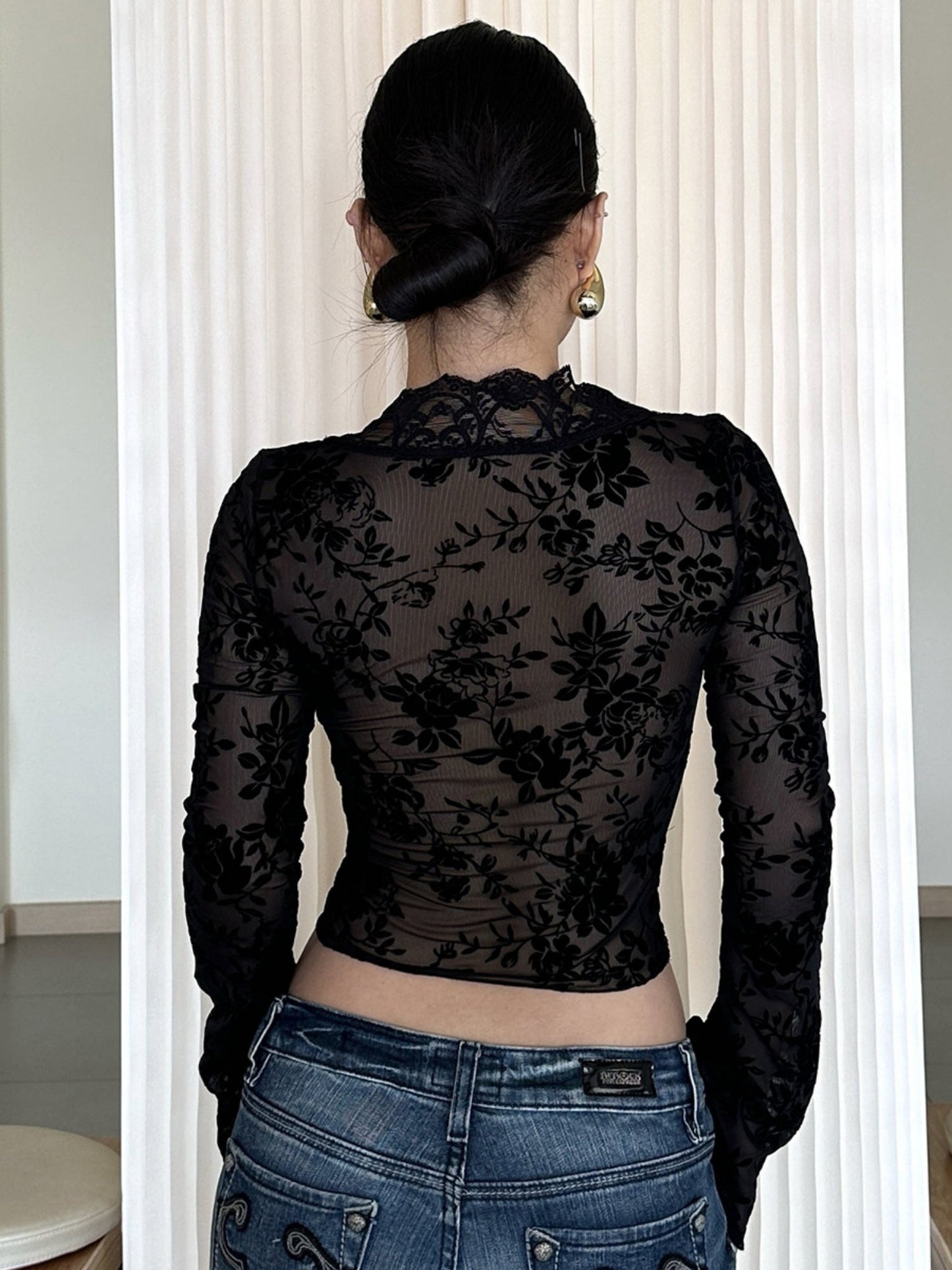 Leopard Print Mesh Lace Patchwork Long-sleeved T-shirt