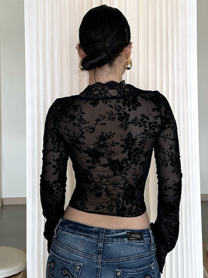 Leopard Print Mesh Lace Patchwork Long-sleeved T-shirt