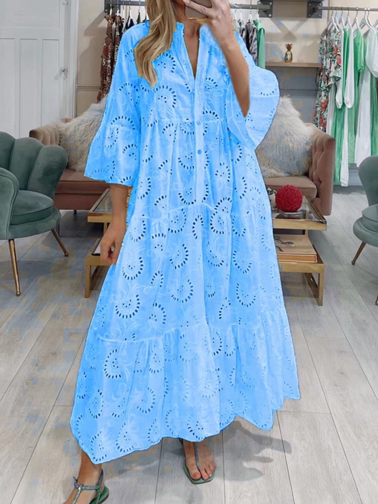 Lace Cutout V-neck Buttons  Flare Sleeve Maxi Dresses