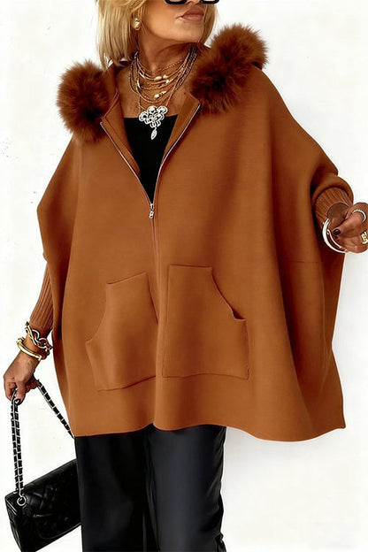 Margovil Dolman Sleeves Zipper Up Pocketed Jacket with Faux Fur Hood