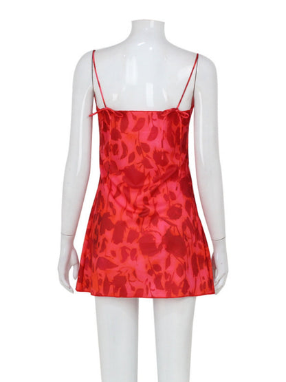 Printed Waist-cinching V-neck Camisole Mini&Short Dresses