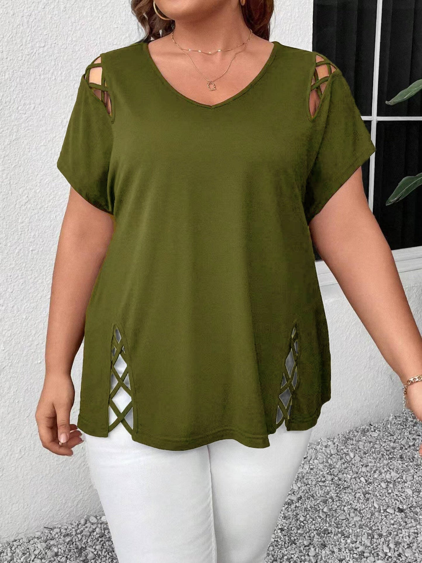 Hollow Out V-neck Cross Belt Short-sleeved T-shirt