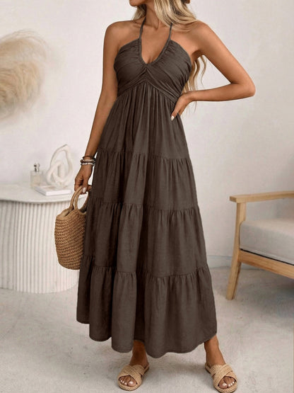 Halter V-neck Drawstring Loose-fit Vacation Maxi Dresses
