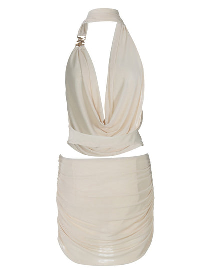 Hollow-out Deep V-neck Spliced Mesh Short Top And Slim-fit See-through Bodycon Skirt Set