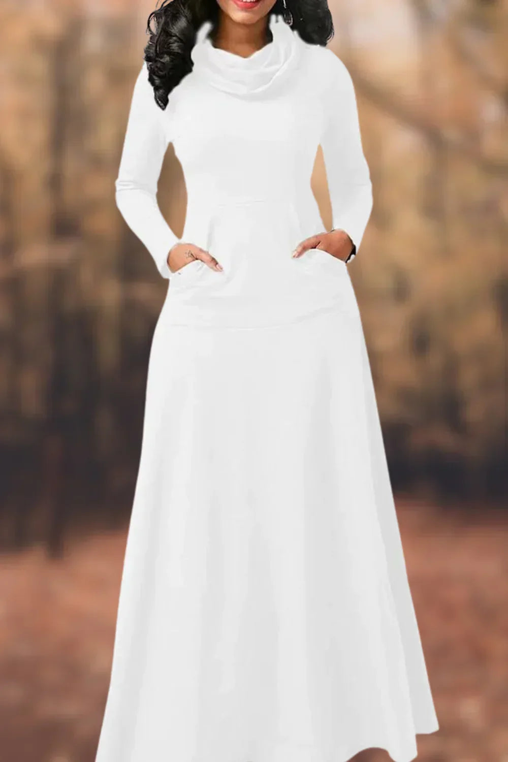 Cowl Neck Long Sleeve Kangaroo Pocket Jersey A-Line Maxi Dress