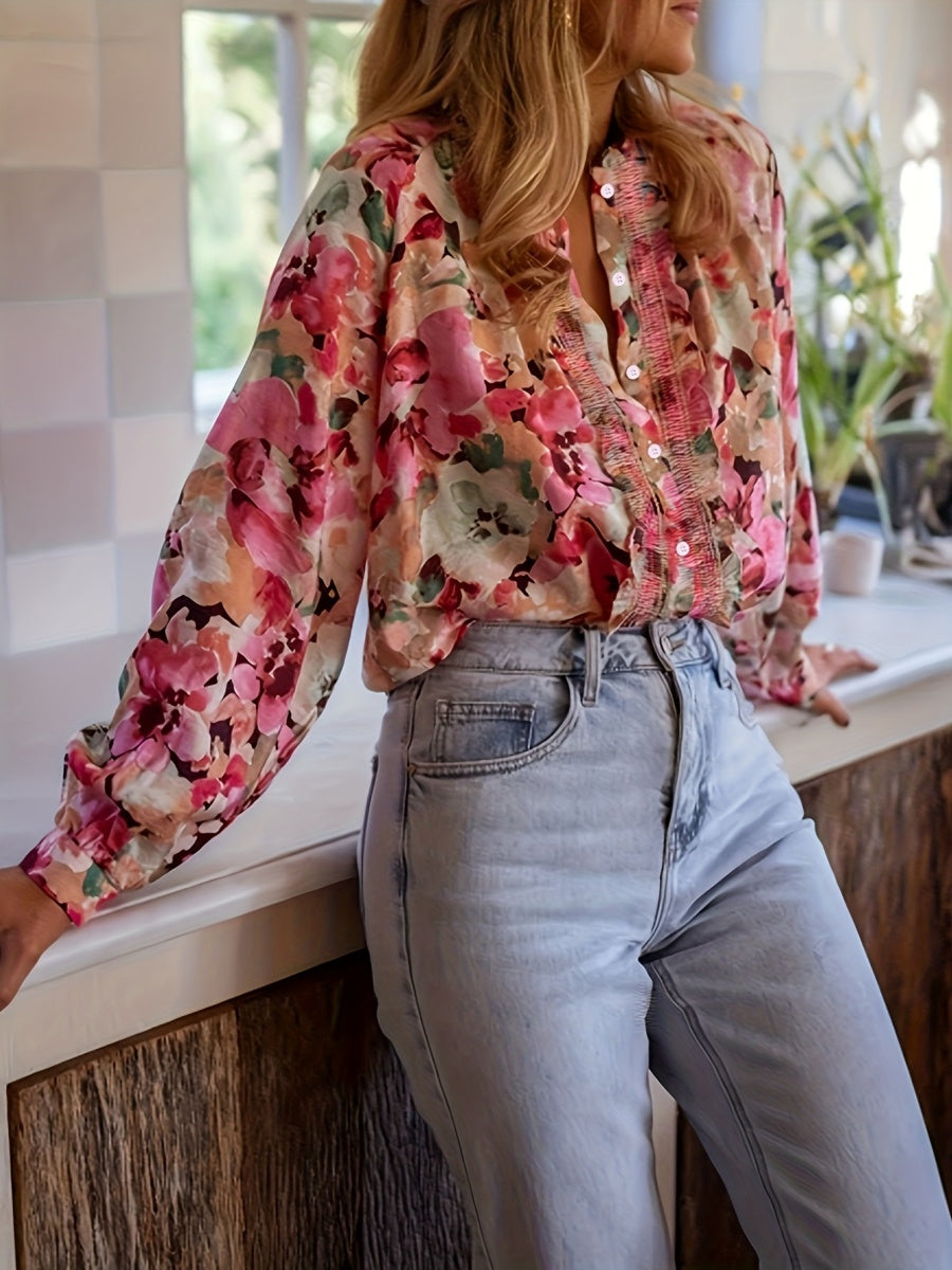 Floral Print Ruffled Round Neck Long-sleeved Shirt