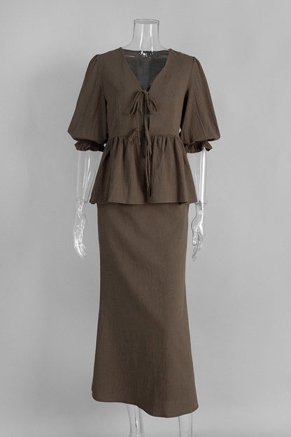Puff Sleeve Tie-up Ruffle Cotton Shirt Skirt Set