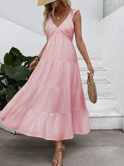 V-neck Pleats Comfort Gentle Maxi Dresses