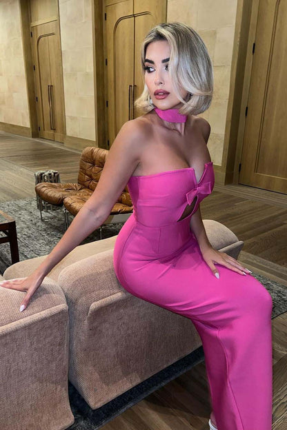 Strapless Sweetheart Bow Detail Teardrop Cutout Column Maxi Gown