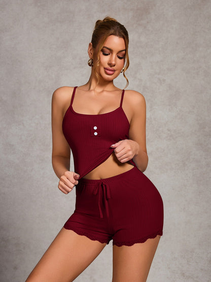 Threaded Buttons Tank Top Strappy Shorts Loungewear 2-piece Sets