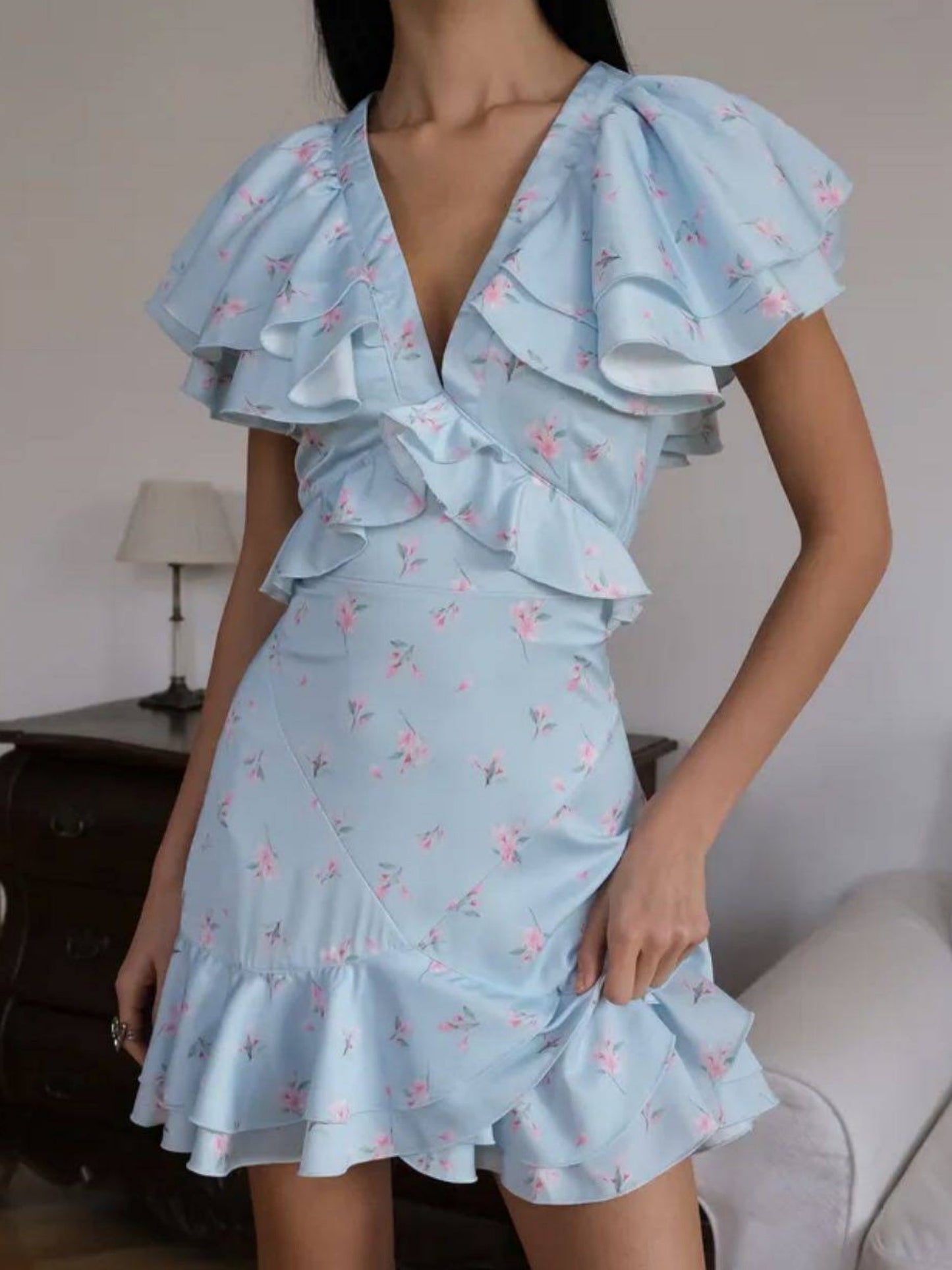 Floral Print Ruffled V-neck Mini&Short Dresses
