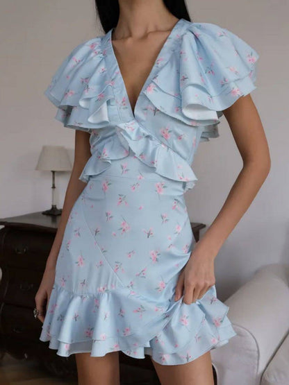 Floral Print Ruffled V-neck Mini&Short Dresses
