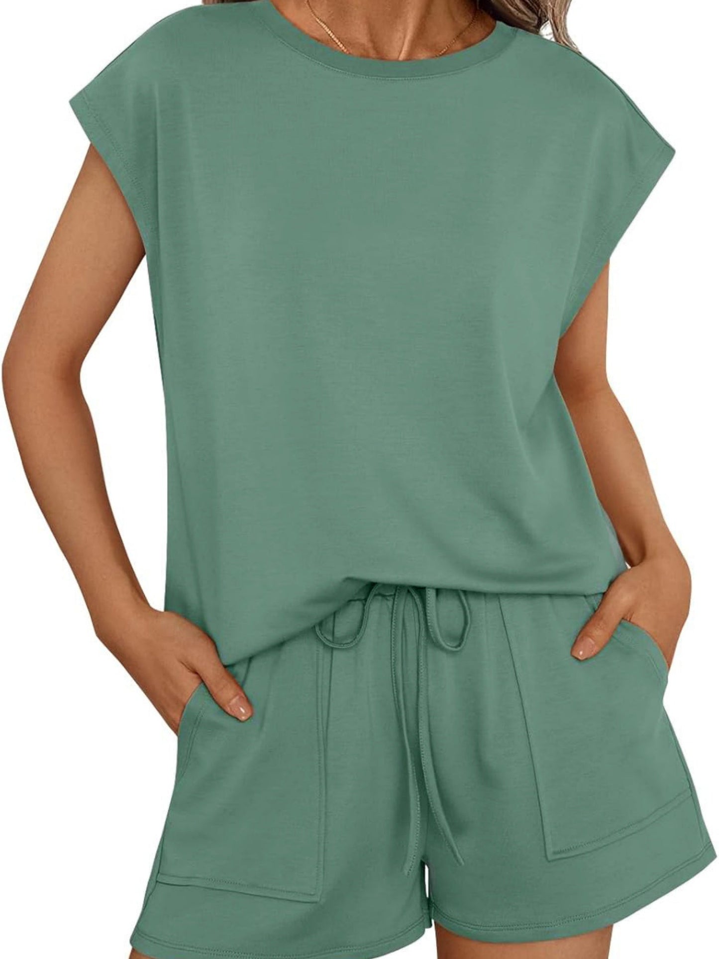 Round Neck Loose Short Sleeve Strappy Pocket Shorts Sports And Leisure 2-piece Sets