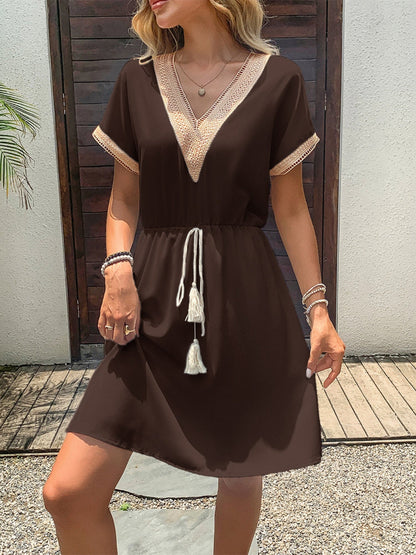 Spliced Waist Corset V-neck Short Sleeve Mini&Short Dresses